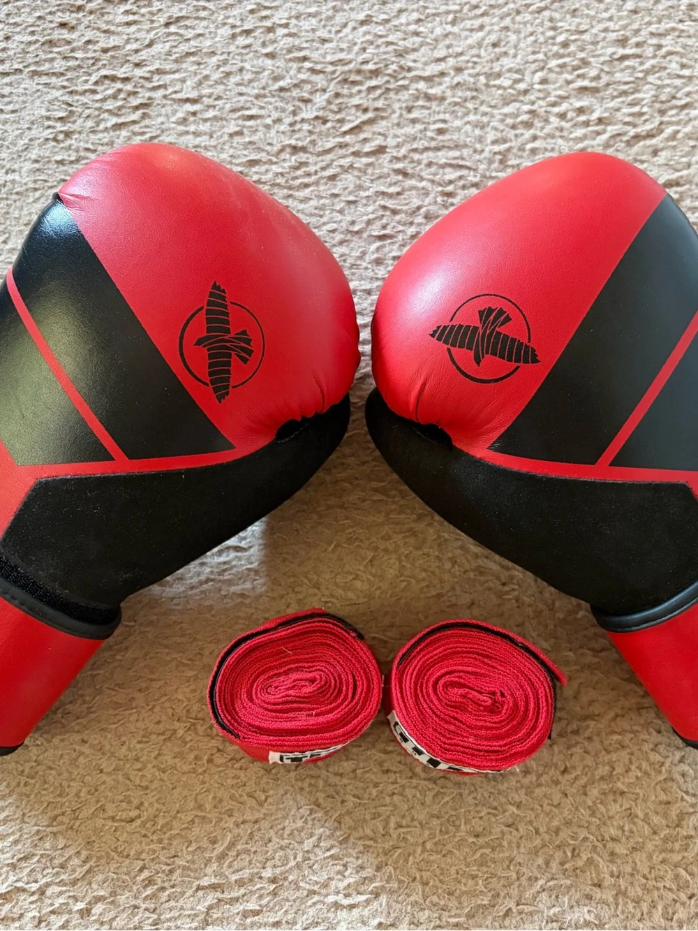 Hayabusa Red and Black Boxing Gloves with Wraps